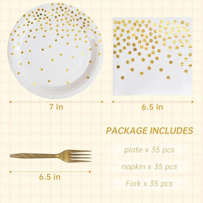 105 Pack Disposable Gold Dot Paper Plates and Napkins