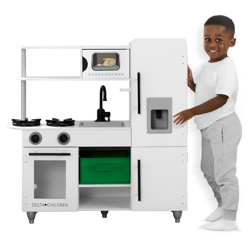 Delta Children Deluxe Modern Kitchen - Toy Kitchen Playset with Realistic Knobs That Turn/Click, Oven, Sink and Fridge/Freezer with Ice Maker, White
