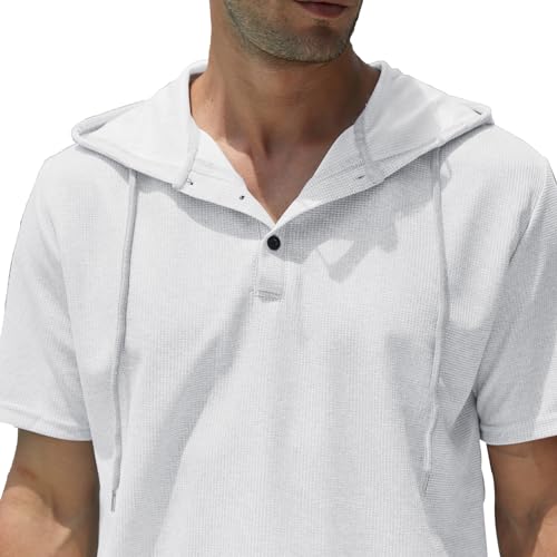 Muscle Killer Men's Henley Short Sleeve Casual Basic Hooded Tee Summer Button Henley Waffle T Shirt Hoodie White