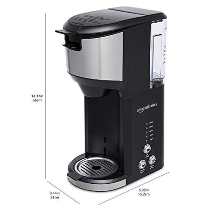 Amazon Basics Drip Coffee Maker with K-Cup, 14 Oz, Black and Stainless steel, 5.98"D x 9.44"W x 14.17"H