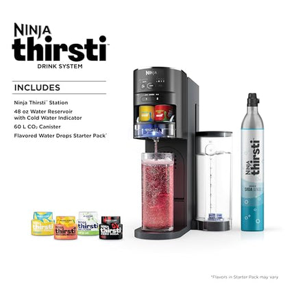 Ninja Thirsti Drink System, Soda Maker, Create Unique Sparkling & Still Drinks, Personalize Size & Flavor, Carbonated Water Machine, 60L CO2 Cylinder & Variety of Flavored Water Drops, Black WC1001