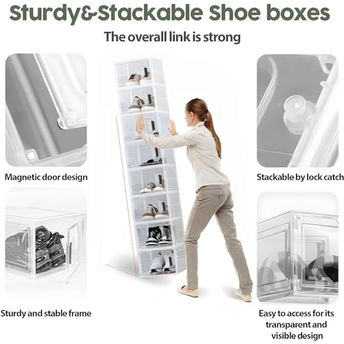 8 Packs Stackable Shoes Box,Upgraded Clear Plastic Shoe Organizer with Magnetic Door and handle for Men/Women Shoes,Sneakers Display(13.4 * 9.1 * 4.7 inch)