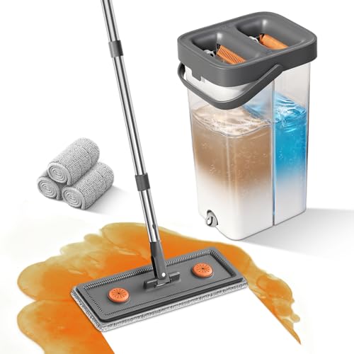 Flat Mop and Bucket Set with Wringer, 3 Pads