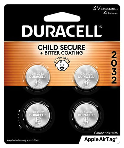 Duracell 2032 Lithium Battery. 4 Count Pack. Child Safety Features. Compatible with Apple AirTag, Key Fob, and other devices. CR2032 Lithium 3V Cell. 2032 Battery, Lithium Coin Battery