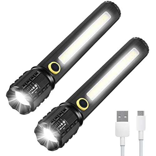 GeeRic LED Tactical Flashlight, 2 Pack Handheld Flashlights 3 Modes, Zoomable Adjustable Lightweight Pocket Size Bright Flashlights, 6.3 Inches Black