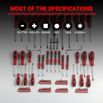 BARTEX 100-Piece Magnetic Screwdriver Set | Slotted, Phillips, Pozidriv, Hex, Torx, Precision, Ratcheting Screwdrivers, Nut Drivers | Comprehensive Hand Tools with Storage Rack