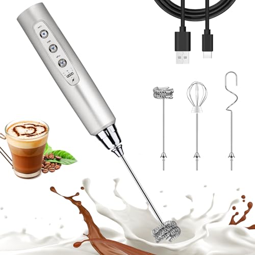 Rechargeable Handheld Electric Milk Frother with 3 Whisks