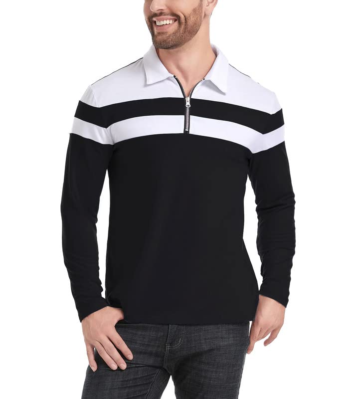 NAVEKULL Men's Long Sleeve Polo Shirts Quarter Zip Pullover Striped 1/4 Zip Collared Shirt Casual Slim Fit Golf Rugby Shirt Contrast Color Patchwork T Shirt Spring Fall Cotton Stretch Tops