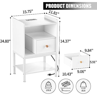 Gannyfer Nightstand with Charging Station,Night Stand with USB Ports and Storage Drawer,Modern 3-Tier End Side Table,Small Wood Bedside Table for Bedroom,Living Room,White