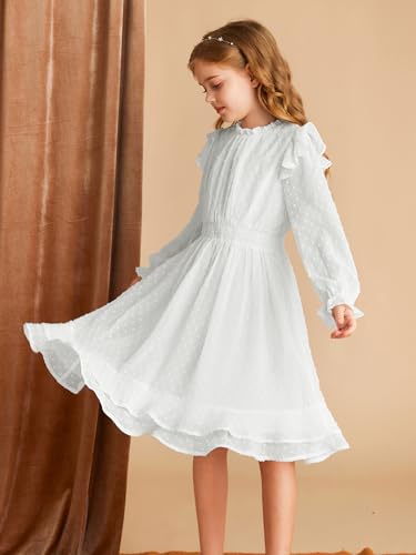 GRACE KARIN Girls Casual Long Sleeve Dress Round Neck Ruffles Double Layer Hem Swiss Dot Girls Dress with Elastic Waist Beige 8Y