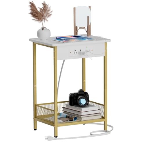 Yenlure Side Table Night Stands End Table with Charging Station Narrow Side Table Living Room Bedroom Small Side Tables for Small Spaces White