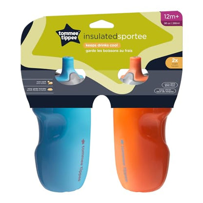 Tommee Tippee 2-Pack Orange and Blue Insulated Sportee Sippy Cups for Toddlers, 12 months+, 9fl oz