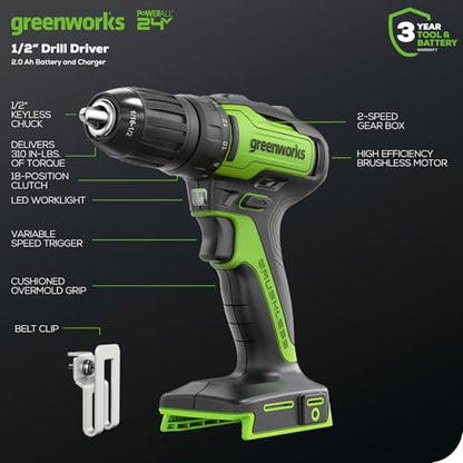 Greenworks 24V Brushless Cordless Drill Kit, 310 in./lbs, 18+1 Position Clutch, 1/2 '' Keyless Chuck, Variable Speed, (2)2Ah Batteries with 2A Fast Charger, LED Light with Tool Bag