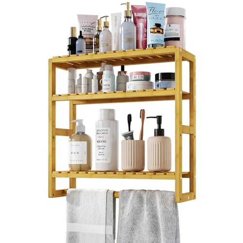 Bamboo Floating Shelves Bathroom Storage 3-Tier - Multifunctional Adjustable Over Toilet Rack Bathroom Organizer for Space-Saving Wall Mount Storage Used in The Kitchen/Living Room(Bamboo)