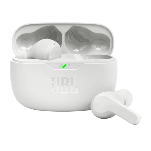 JBL Vibe Beam - True Wireless JBL Deep Bass Sound Earbuds, Bluetooth 5.2, Water & Dust Resistant, Hands-free call with VoiceAware, Up to 32 hours of battery life (White)