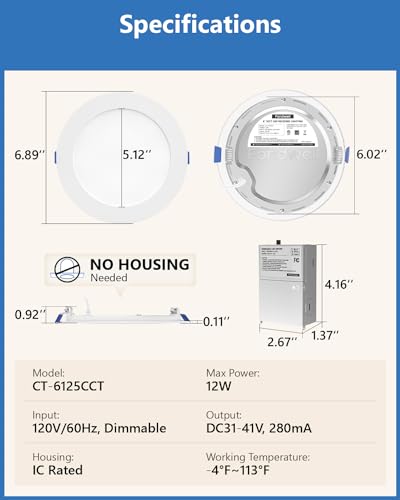 Fondwell Canless Recessed Lighting 6-Inch: 5CCT 12W 90CRI 1050LM for Super Bright Illumination