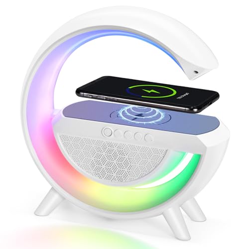 Delxo Bluetooth Speaker with Wireless Phone Charger,Big G-Shape Bluetooth Speakers for Teen Adults Birthday Gift Ideas,Atmosphere Lamp Speaker with LED Night Lights for Bedroom,White
