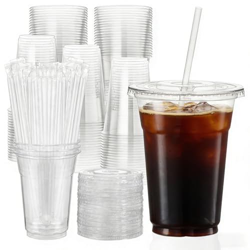 100 Pack Disposable 16 oz Plastic Cups with Lids