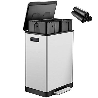 ToiletTree Products Stainless Steel 16 Gallon Trash Can - Durable Dual Trash Can for Garbage and Recycling - Stainless Steel Trash Bin for Household Cleaning - White