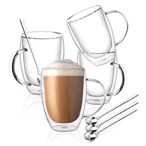 4 Pack Double Wall Insulated Glass Coffee Mugs 12oz