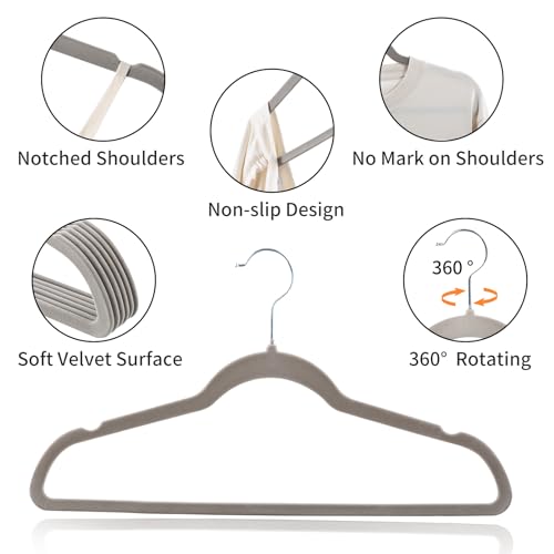 ELONG HOME Velvet Hangers 50 Pack, Grey Slim Felt Hangers with 360° Swivel Hook, Non Slip Skinny Hangers Heavy Duty Adult Hangers for Coats, Pants & Dress Clothes