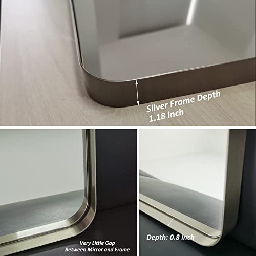 ODDSAN 48x 30 Brushed Nickel Frame Bathroom Mirror for Wall, Modern Brushed Metal Rectangle Vanity Mirror, Rounded Corner, Shatterproof, Anti-Oxidation (Horizontal/Vertical)