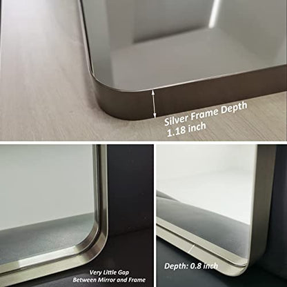 ODDSAN 48x 30 Brushed Nickel Frame Bathroom Mirror for Wall, Modern Brushed Metal Rectangle Vanity Mirror, Rounded Corner, Shatterproof, Anti-Oxidation (Horizontal/Vertical)