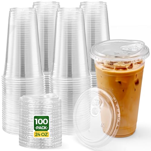 100 Sets 24oz Plastic Cups with Lids Disposable