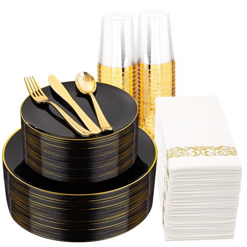 350 Piece Plastic Dinnerware Set with Gold Silverware