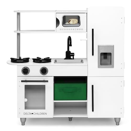 Delta Children Deluxe Modern Kitchen - Toy Kitchen Playset with Realistic Knobs That Turn/Click, Oven, Sink and Fridge/Freezer with Ice Maker, White