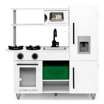 Delta Children Deluxe Modern Kitchen - Toy Kitchen Playset with Realistic Knobs That Turn/Click, Oven, Sink and Fridge/Freezer with Ice Maker, White