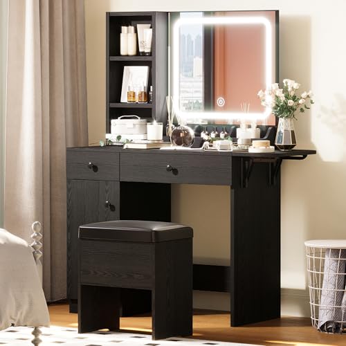 Vanity Desk with LED Mirror, Drawers, Power Outlet