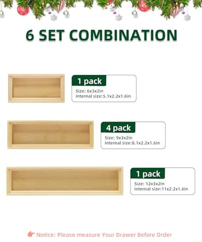 Wood Bamboo Drawer Organizer Set - Stackable Utensil Holders for Kitchen, Silverware Tray for Drawer - Versatile Storage Box Set for Bathroom, Office, and Makeup Organization (Set of 6)