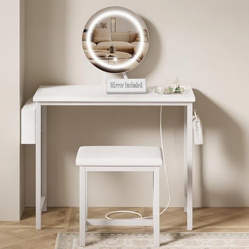 Small Vanity Desk with Mirror, Lights, Chair, Outlet