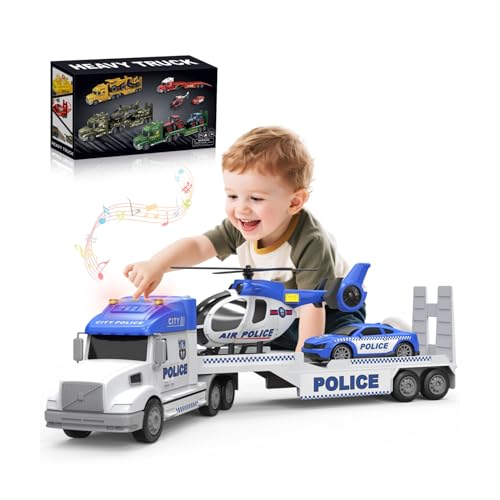 3-in-1 Police Transport Truck Toy with Lights Sounds