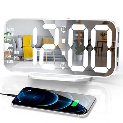 Alarm Clocks for Bedrooms, Slim LED Mirror Digital Alarm Clock, Large Display with Diming Mode, Dual Alarms & USB Ports, 4 Levels Brightness, Modern Decoration for Home Living Room Decor, White