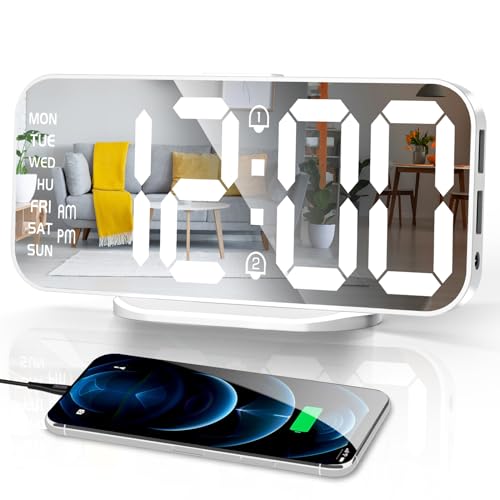 Alarm Clocks for Bedrooms, Slim LED Mirror Digital Alarm Clock, Large Display with Diming Mode, Dual Alarms & USB Ports, 4 Levels Brightness, Modern Decoration for Home Living Room Decor, White