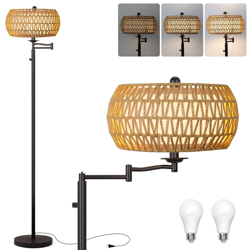 Dimmable Rattan Floor Lamp with Swing Arm