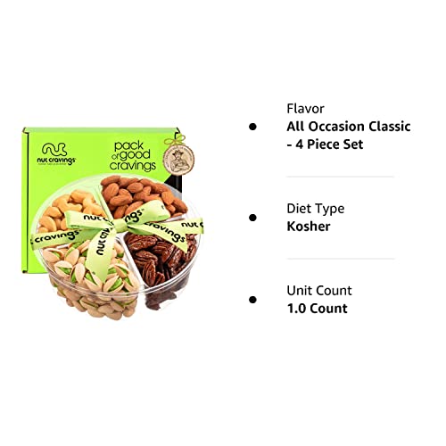 Nut Cravings Gourmet Collection - Mixed Nuts Gift Basket + Green Ribbon (4 Assortments) Arrangement Platter, Birthday Care Package - Healthy Kosher USA Made