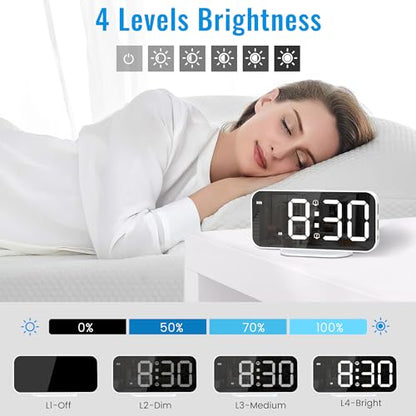 Alarm Clocks for Bedrooms, Slim LED Mirror Digital Alarm Clock, Large Display with Diming Mode, Dual Alarms & USB Ports, 4 Levels Brightness, Modern Decoration for Home Living Room Decor, White