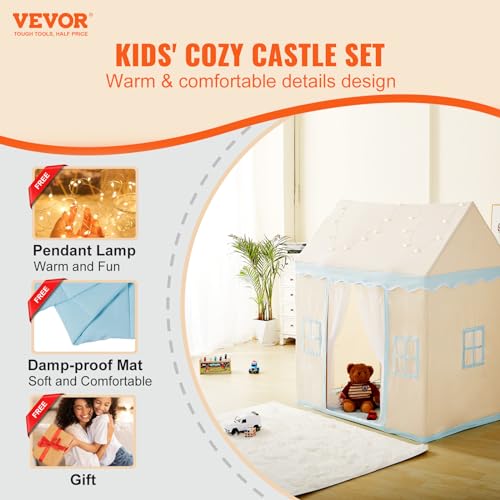 VEVOR Kids Play Tent, Kids Tent for Kids 1-5 Years Old, Tent for Kids with Windows for Indoor and Outdoor, Toddler Tent with Mat and Tent Lamp, Play House Castle Tent for Boys and Girls, Beige