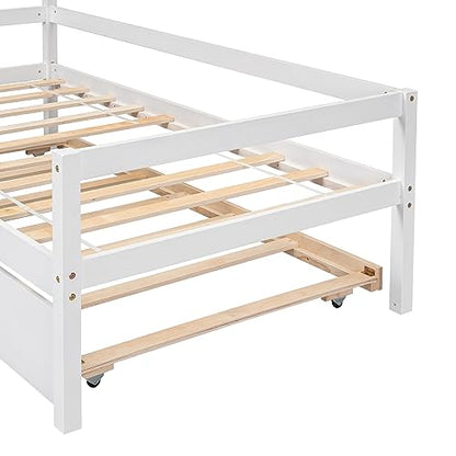 RORIGAT Twin Daybed with Trundle and Roof-Shaped Headboard,Wooden House Bed Frame Guardrails,Kids Todder Bed,No Box Spring Needed for Kids, Girls, Boys,White