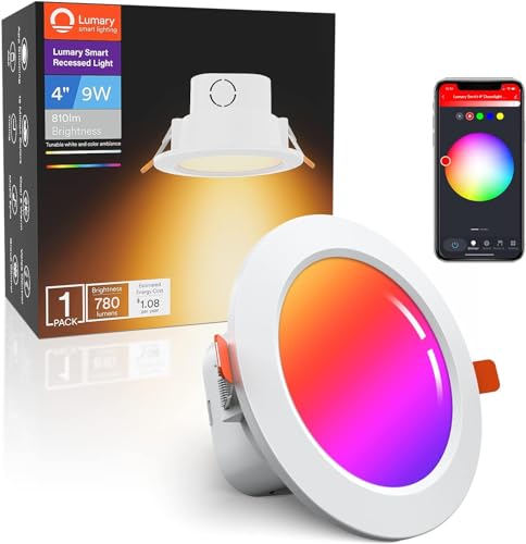 Lumary Integrated Smart Recessed Lighting 4 Inch with Junction Box 9W 780LM Canless WiFi Downlight RGBCW Color Changing Wafer Lights Work with Alexa/Google Assistant, 1PCS