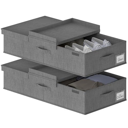 2Pack Under Bed Storage Bins With Lids Carry Handles Linen Fabric Foldable Stackable Sturdy Large Capacity Clothes Organizer for Clothing, Shoes, Blankets, Sweaters (Grey, 31.9‘*17’*6‘)