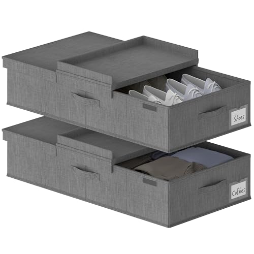 2Pack Under Bed Storage Bins With Lids Carry Handles Linen Fabric Foldable Stackable Sturdy Large Capacity Clothes Organizer for Clothing, Shoes, Blankets, Sweaters (Grey, 31.9‘*17’*6‘)