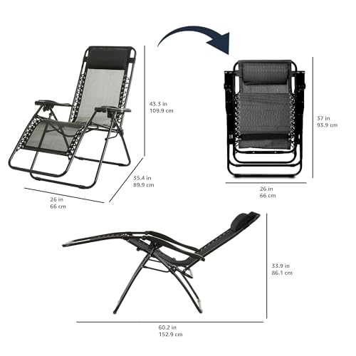 Amazon Basics Outdoor Textilene Adjustable Zero Gravity Folding Reclining Lounge Chair with Pillow, 26", Black