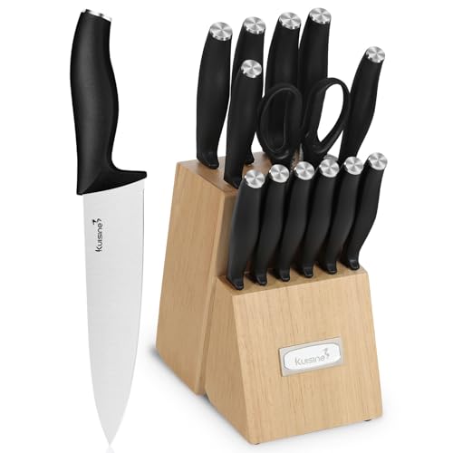 Premium kitchen Chef Knife Set,High Carbon Stainless Steel Ultra Sharp Blade Ergonomic Handle,Block Knife Set with Built-in Sharpener,Elegant Gift for Holiday(Black,15PCS)