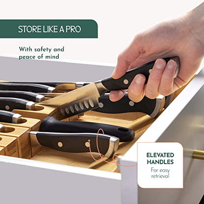 High-Grade 100% Bamboo Knife Drawer Organizer - 12 Knife Slots Plus a Sharpener Slot, Knife Organizer for Kitchen Organization, Durable, Secured, Practical, Eco-Friendly, Knife Block without Knives.