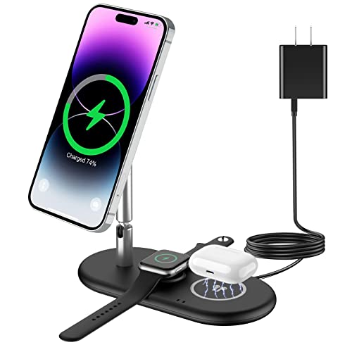 GEJIUCAI 3 in 1 Magnetic Wireless Charger, Adjustable Charging Station for Apple iPhone/iWatch/Airpods, Compatible with iPhone iPhone 14 13 12 Pro Max Mini, Airpods 3/2/Pro, iWatch 7/6/SE/5/4/3/2