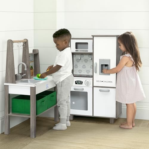 Delta Children Gourmet All-in-One Corner Play Kitchen - Toy Kitchen Playset with Safe & Heatless Stove with Lights, Oven, Sink, Fridge/Freezer with Ice Maker and 20 Accessories, Natural/White